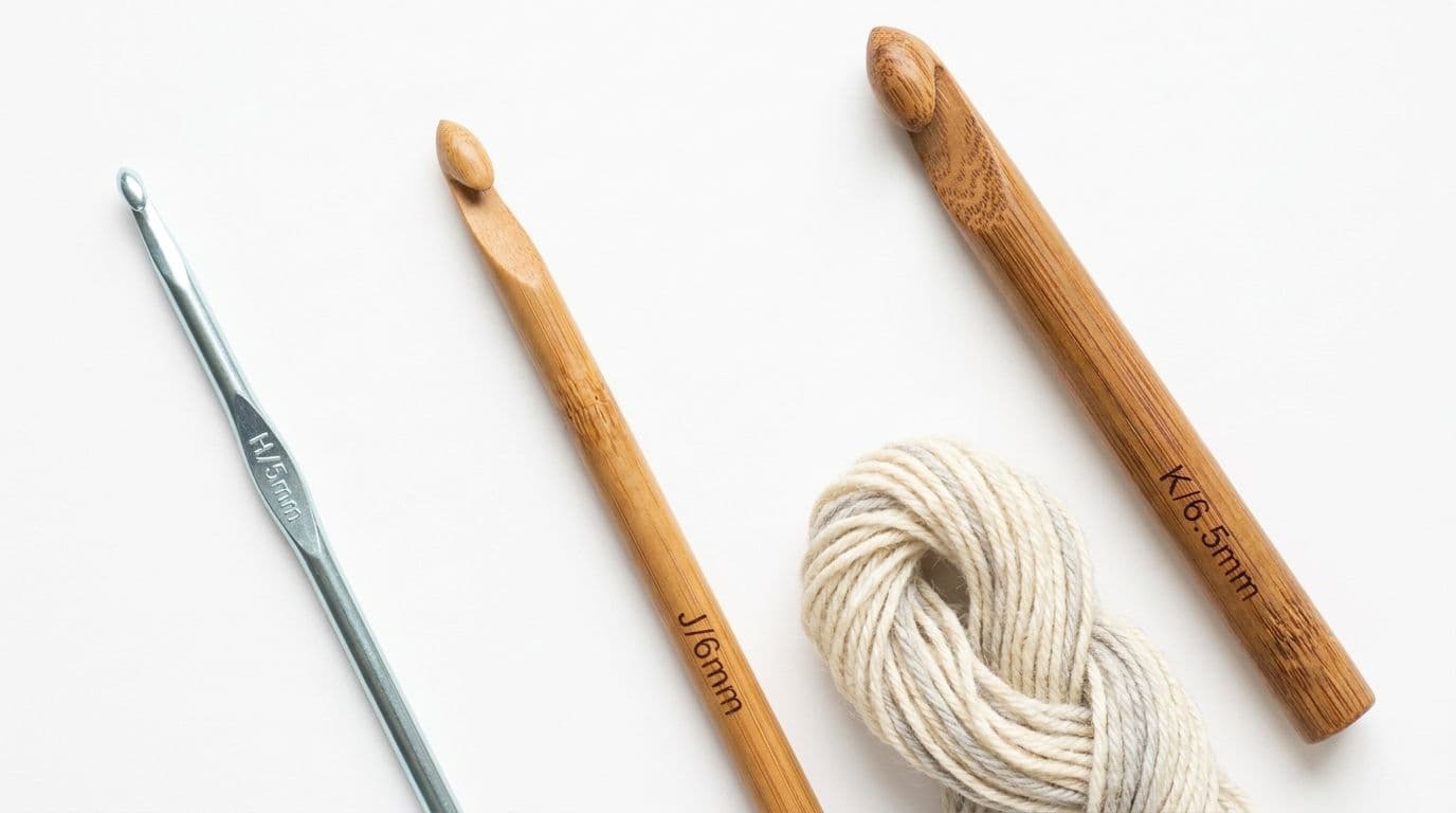Close-up of crochet hooks in different sizes showing single, half double, and double crochet hooks side by side for stitch comparison