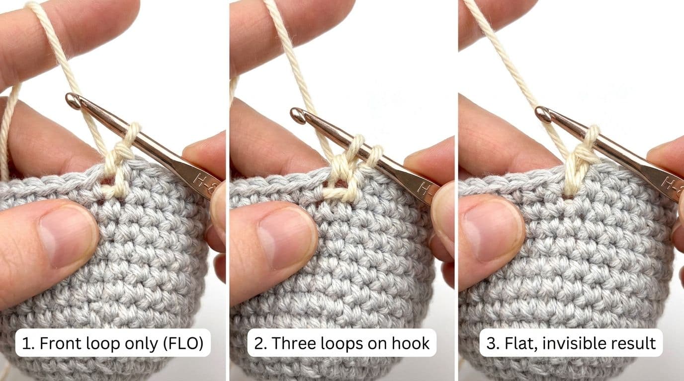 Step-by-step tutorial showing how to perform an invisible decrease using front loop only technique for a flat, seamless finish without bumps