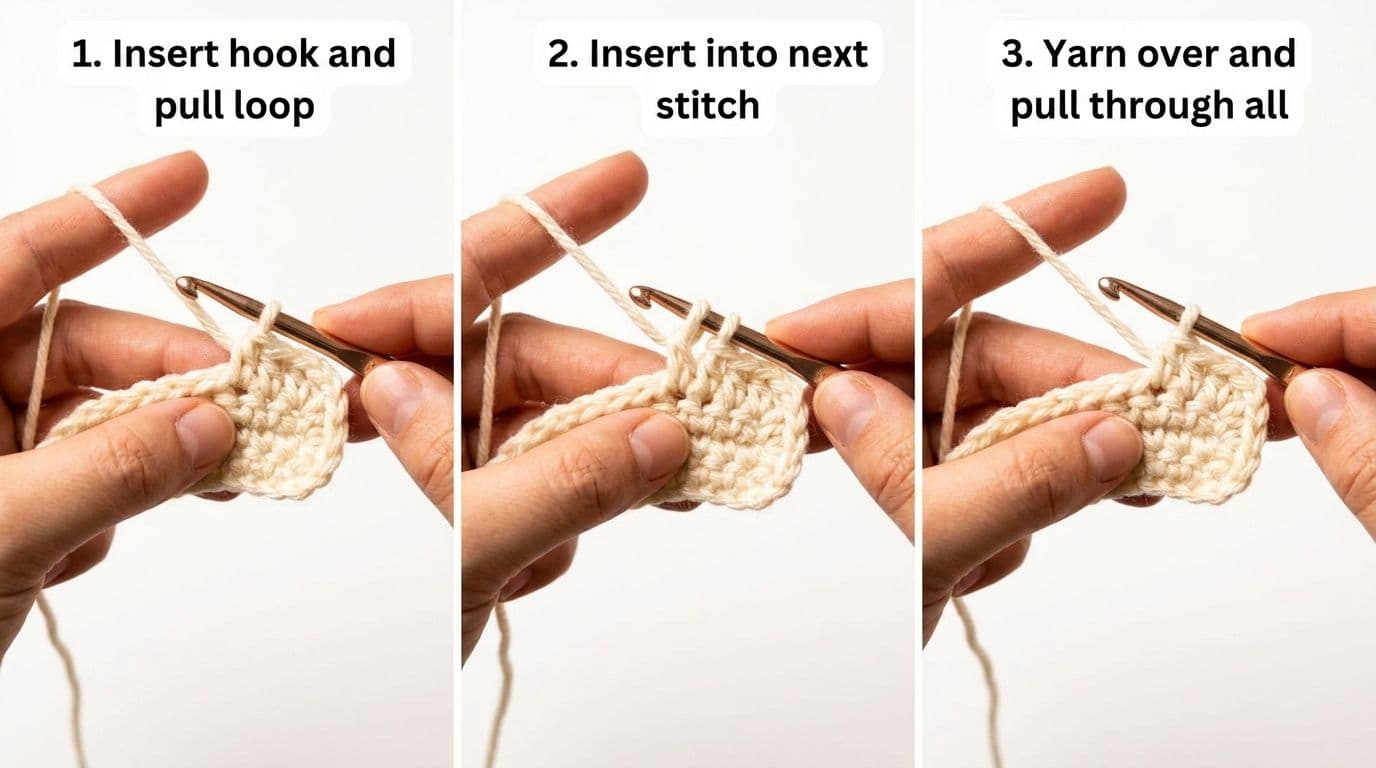 Step-by-step tutorial showing how to perform a single crochet decrease (sc2tog) with numbered instruction labels demonstrating merging two stitches into one