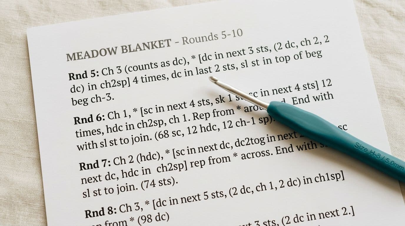 Printed crochet pattern covered in shorthand abbreviations like sc2tog and ch2sp with a crochet hook why patterns confuse beginners learning to crochet