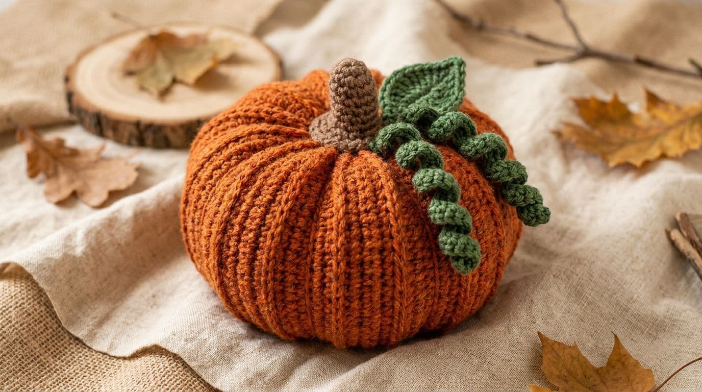 Completed crocheted pumpkin with brown stem, green leaves, and optional curly vine, displayed on a cream fabric background with autumn styling