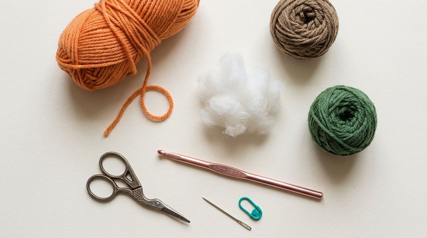 Flat lay of crochet materials: orange, brown, and green yarn, 4.0mm crochet hook, fiberfill stuffing, stitch marker, tapestry needle, and scissors on a white background
