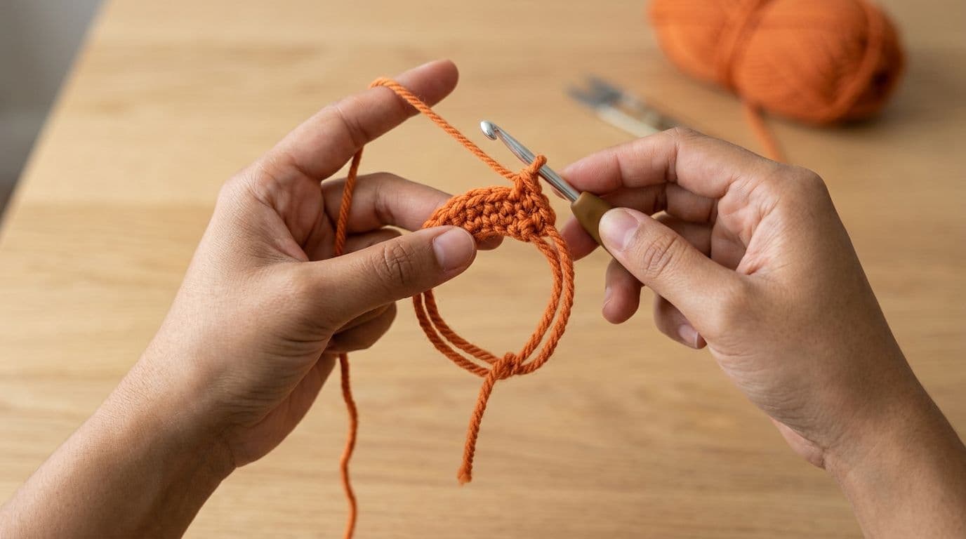 Hands working a magic ring in orange yarn with a crochet hook, showing the first single crochet stitches being formed into the ring on a wooden surface