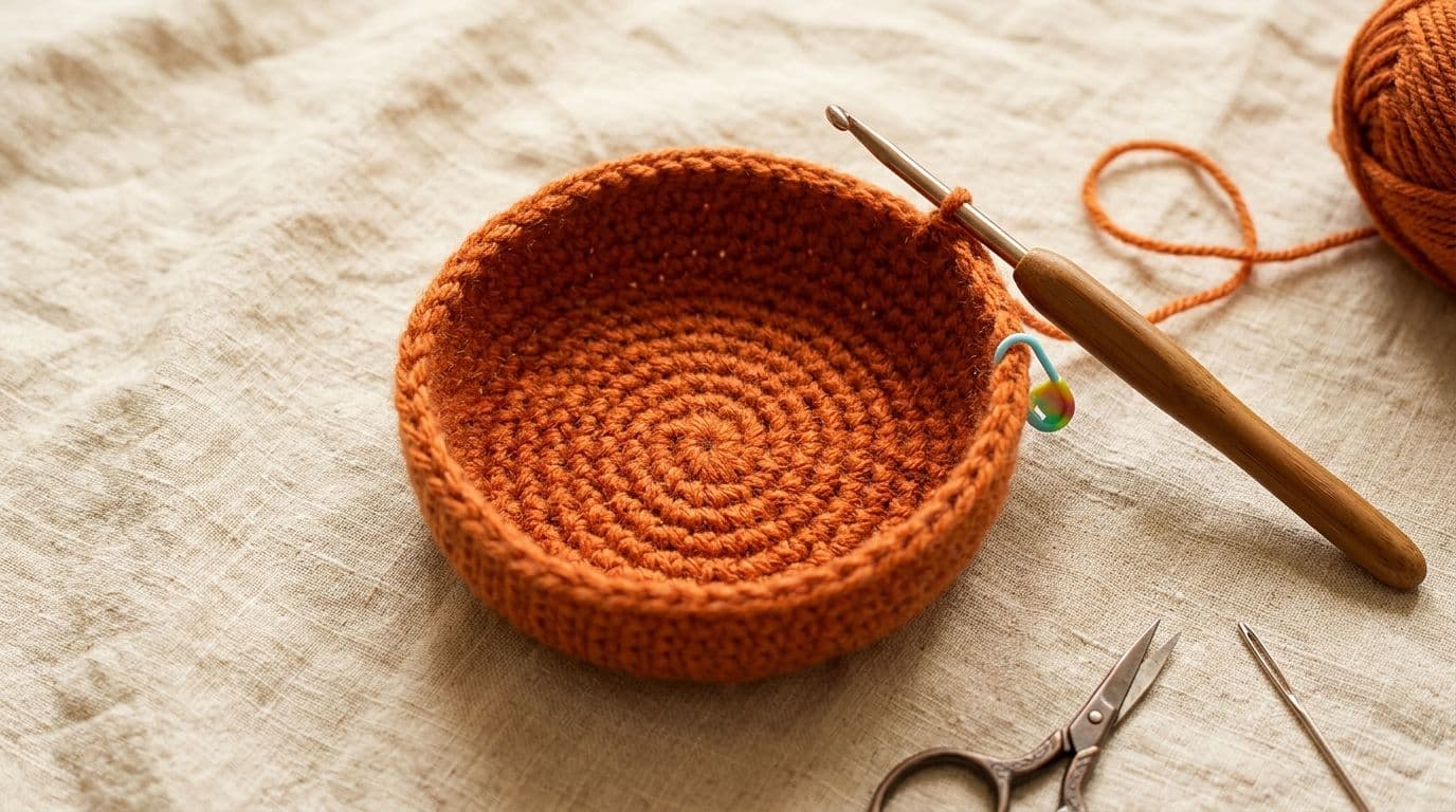 Work-in-progress crochet pumpkin showing a flat, bowl-shaped piece in orange yarn at the end of the increase rounds, photographed on a cream fabric background