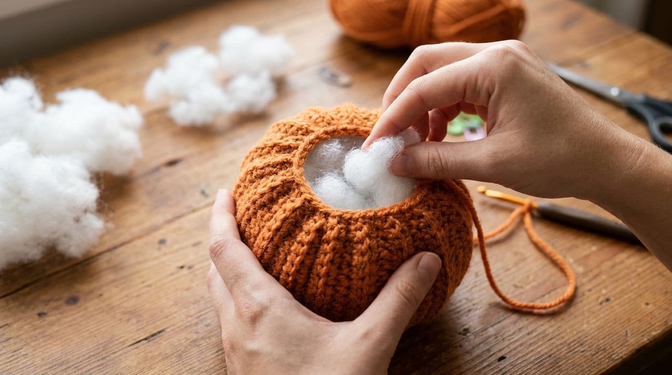 Hands stuffing a partially crocheted pumpkin with fiberfill, showing even distribution of filling in the pumpkin body