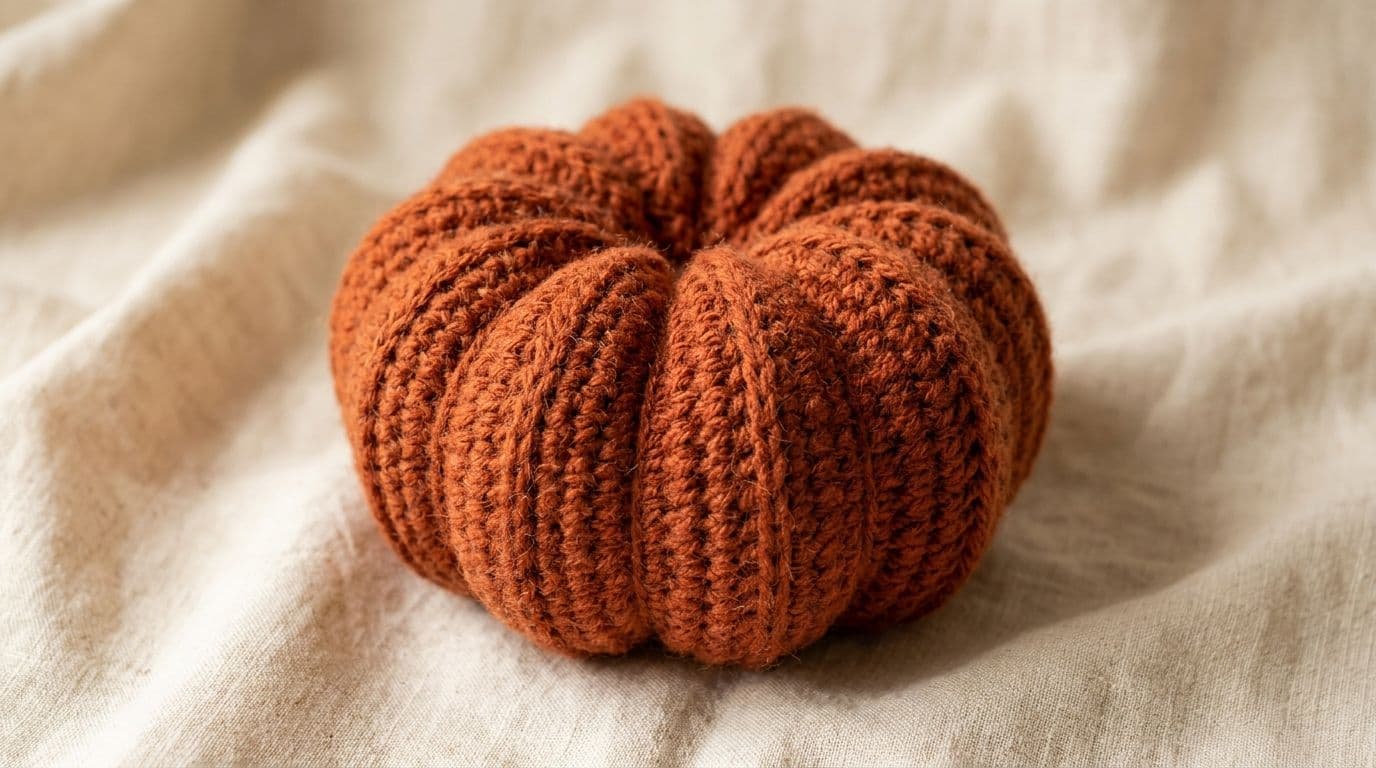 Finished crocheted pumpkin in burnt orange showing clearly defined ribbed segments formed by wrapping yarn around the body