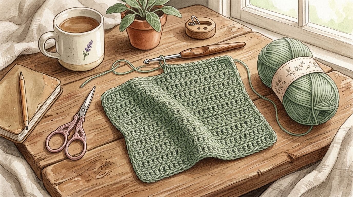 Finished double crochet swatch showing polished drapey fabric texture, the most commonly used crochet stitch