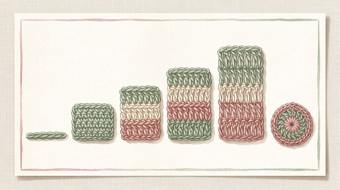 Visual comparison of all six crochet stitch heights from chain to treble showing progression from shortest to tallest
