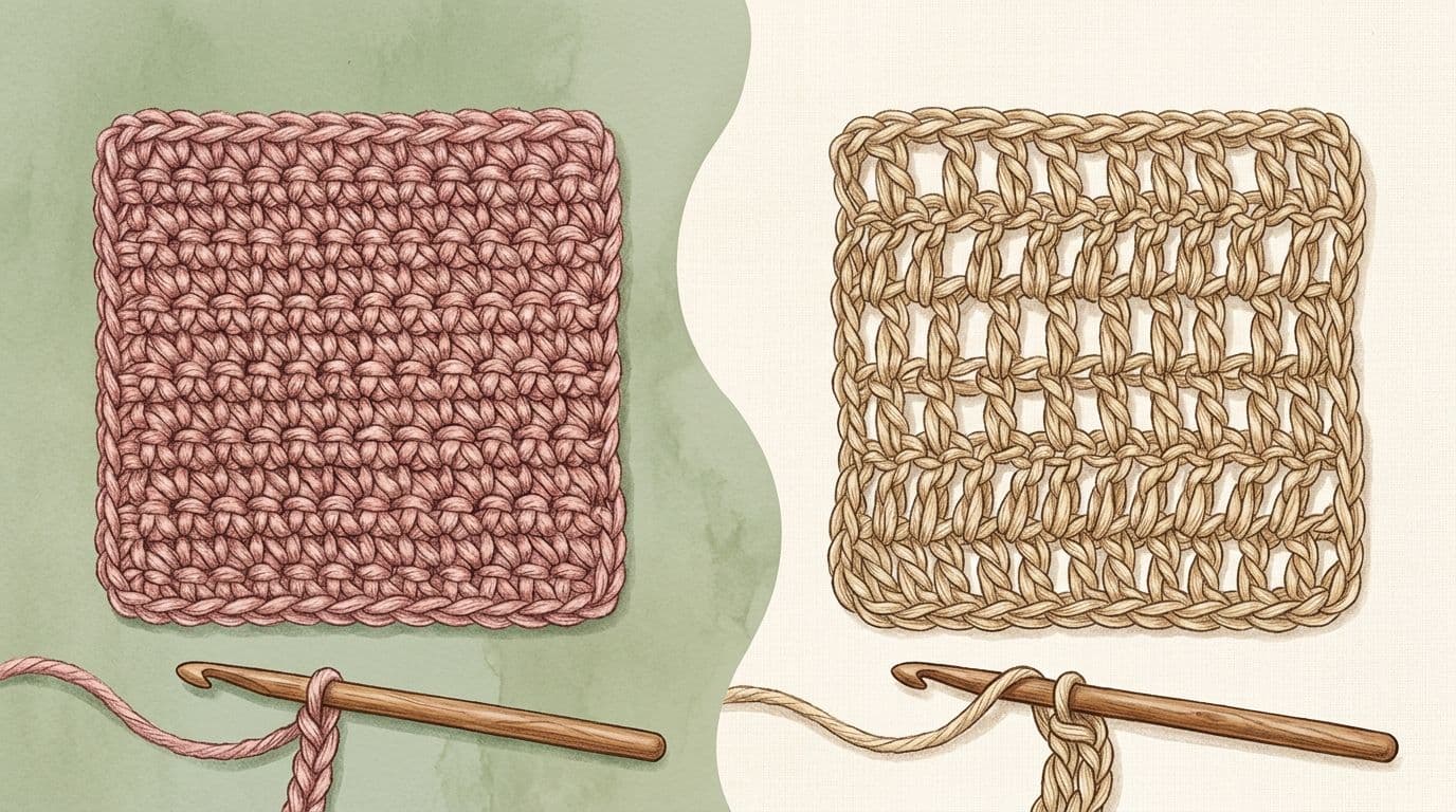 Comparison of single crochet dense tight fabric versus treble crochet open lacy fabric texture