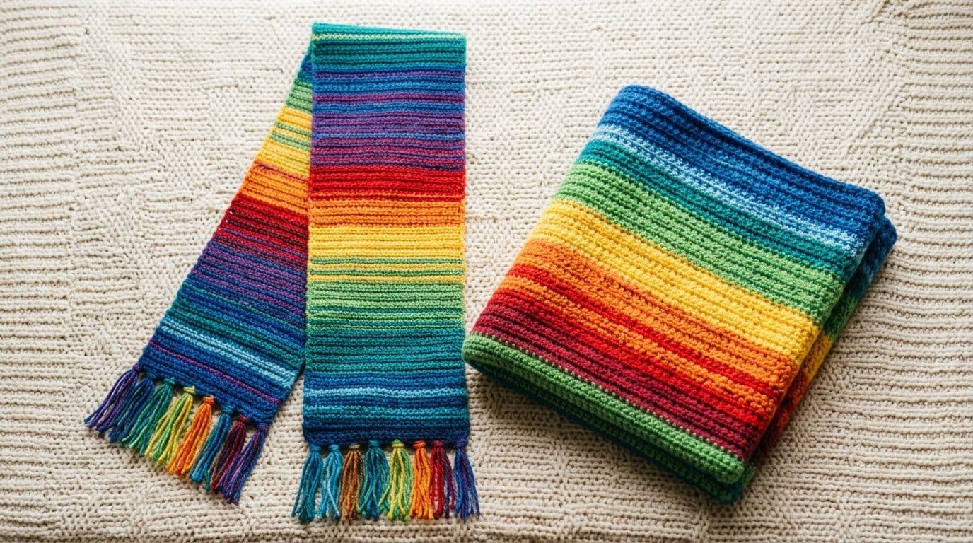 Crochet temperature scarf and a small temperature blanket laid flat together on a cream knit surface with striped color rows