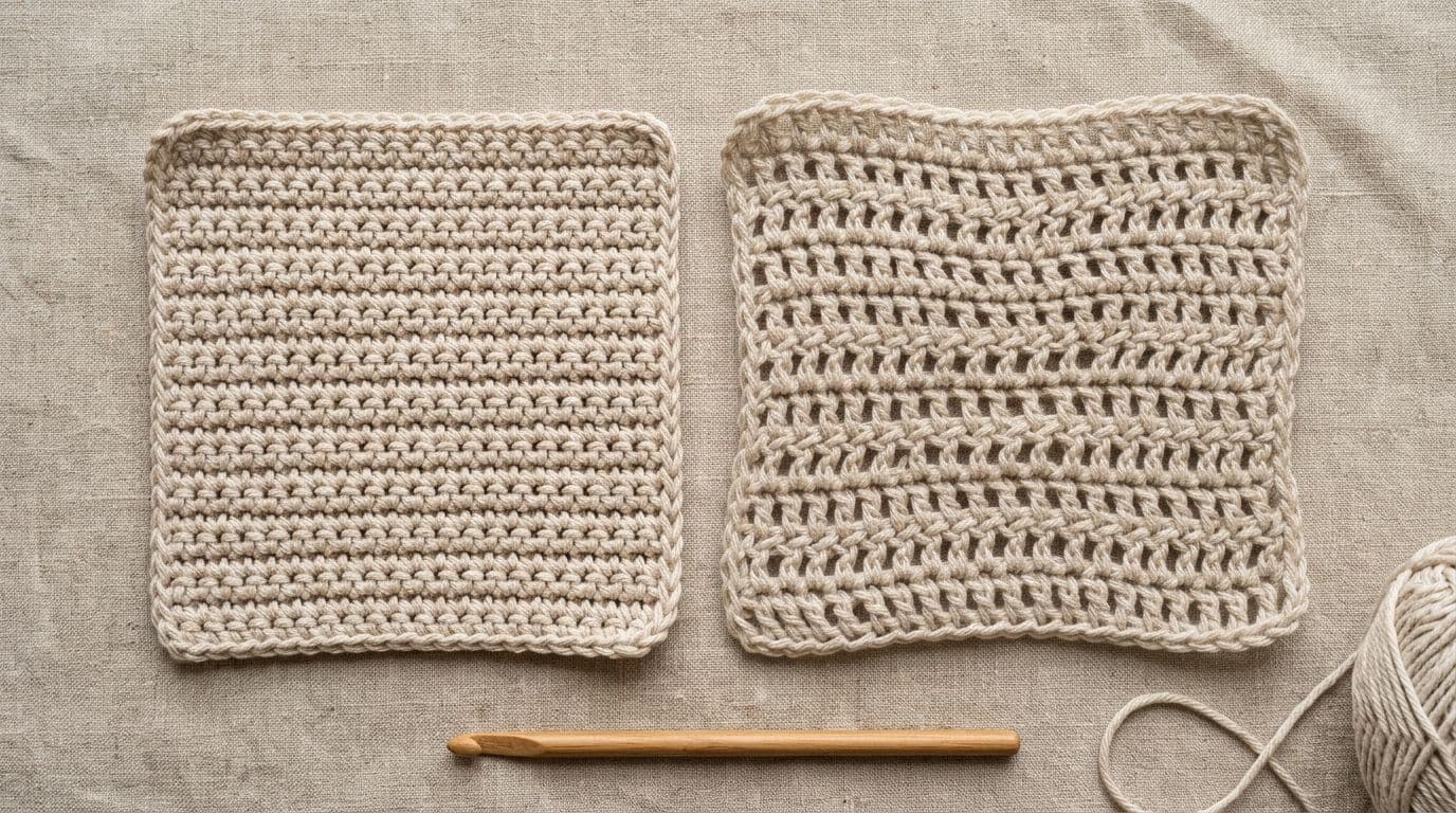 Comparison of a tight-tension crochet swatch and a loose-tension crochet swatch made with the same yarn