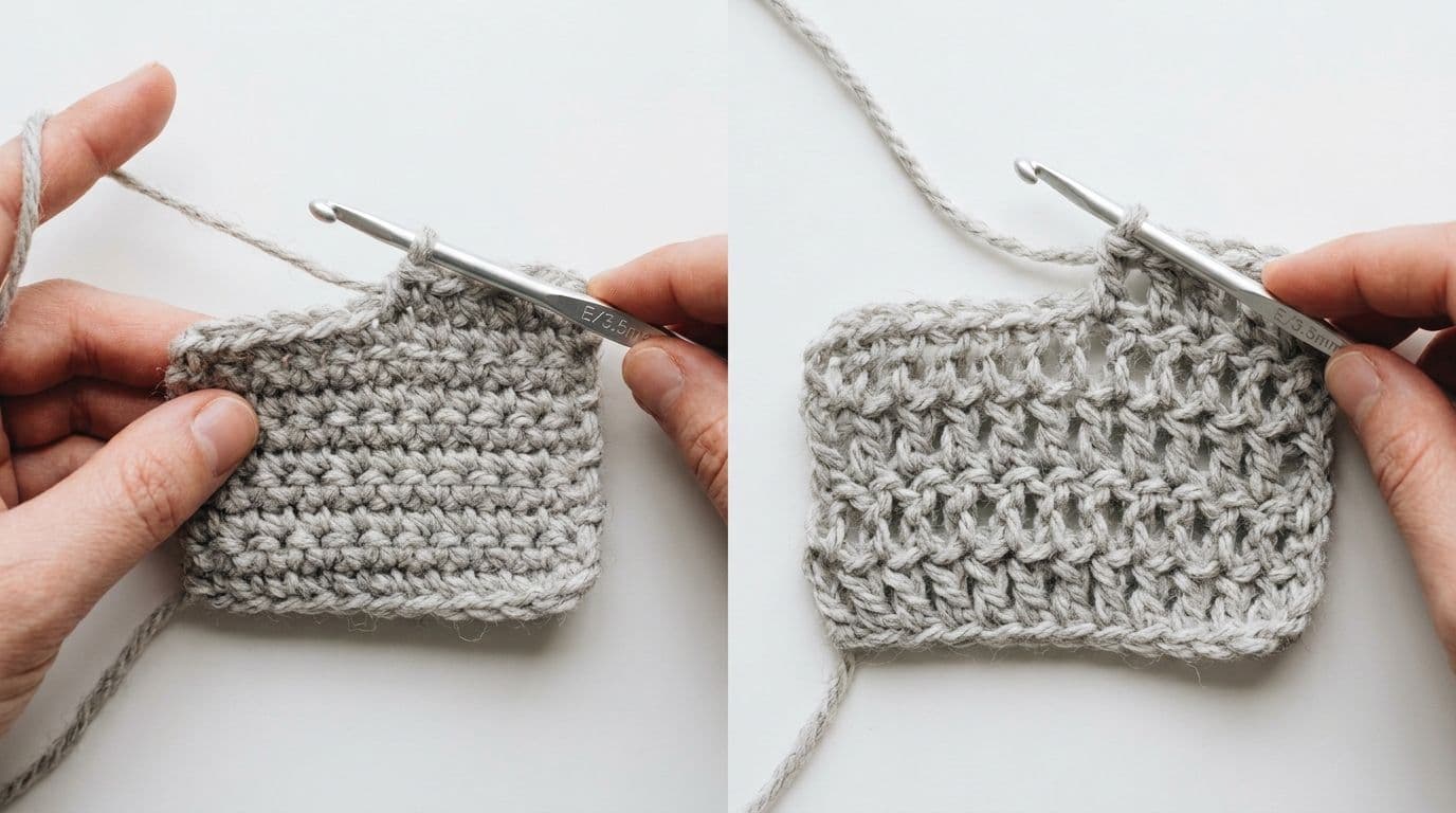 Close-up of tight crochet stitches next to loose relaxed stitches showing how tension affects fabric curl