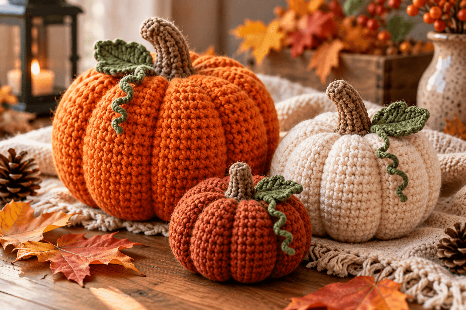 Cozy crocheted autumn pumpkins in orange and cream yarn with green leaves, displayed on a rustic wooden table with fall leaves and warm seasonal decor.