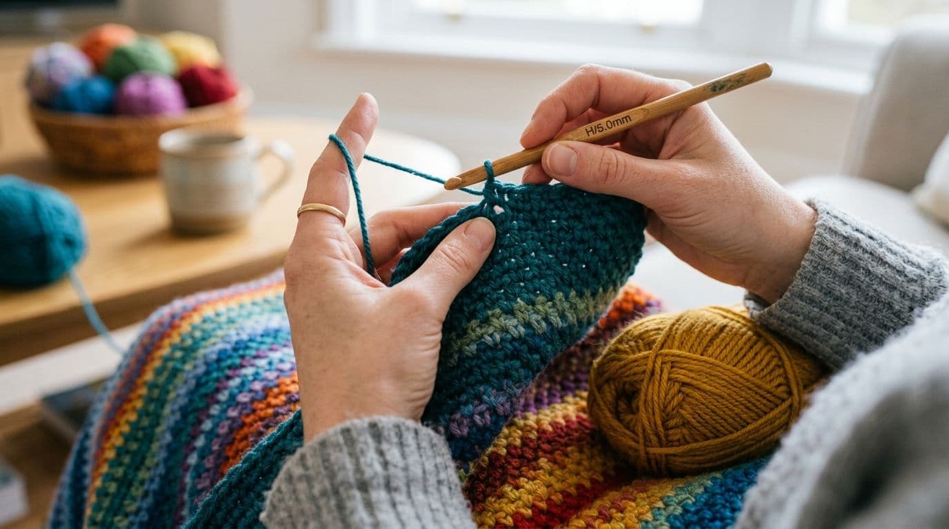 Four crochet swatches in single crochet, moss stitch, half double, and double crochet side by side for a temperature blanket