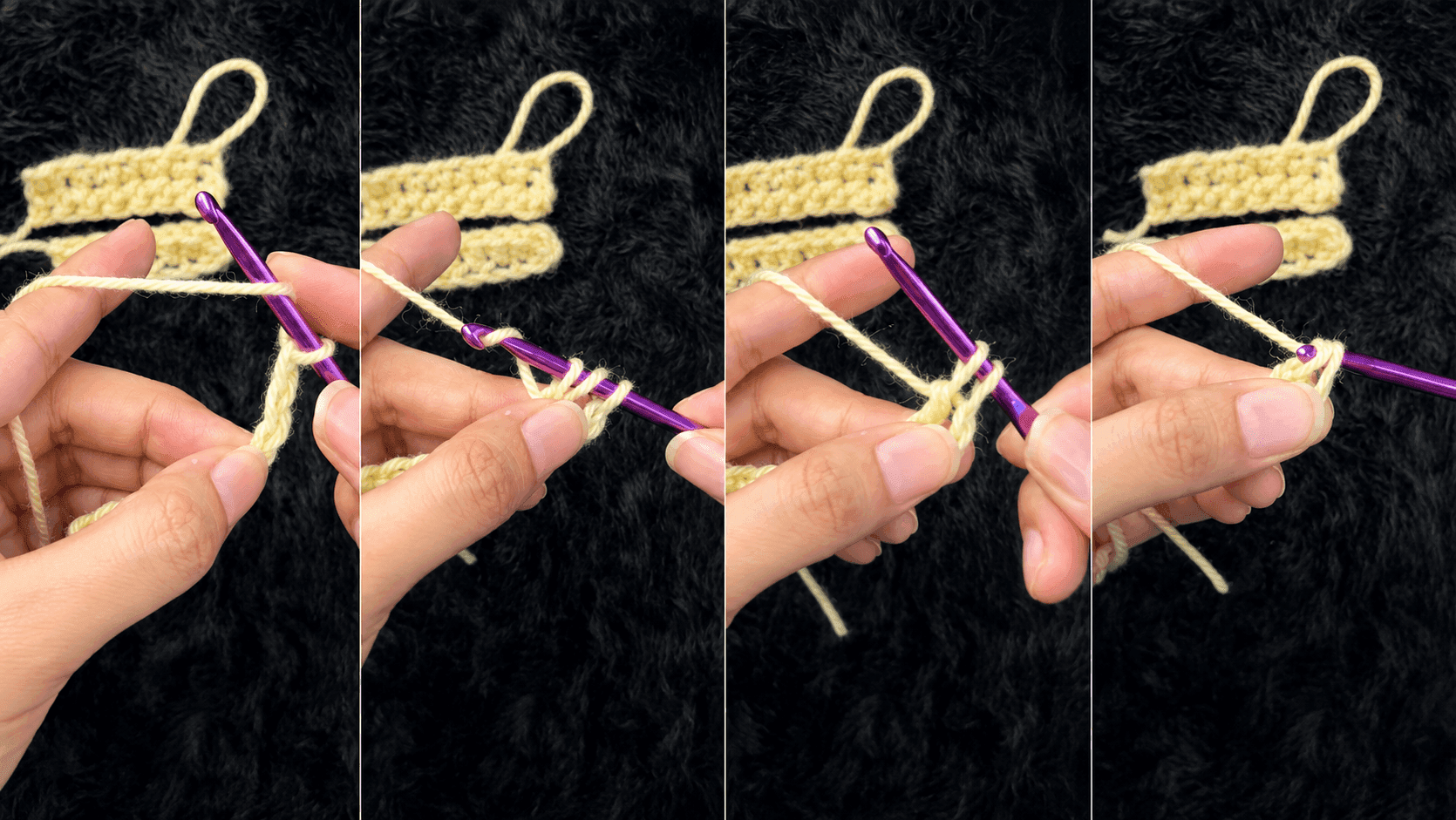 Four-panel step-by-step sequence showing hand positions and yarn movements for executing a double crochet stitch with a purple crochet hook and cream yarn.