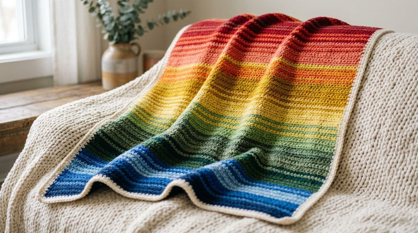 Finished crochet temperature blanket with colorful daily stripes in a rainbow gradient draped over a soft cream knit surface