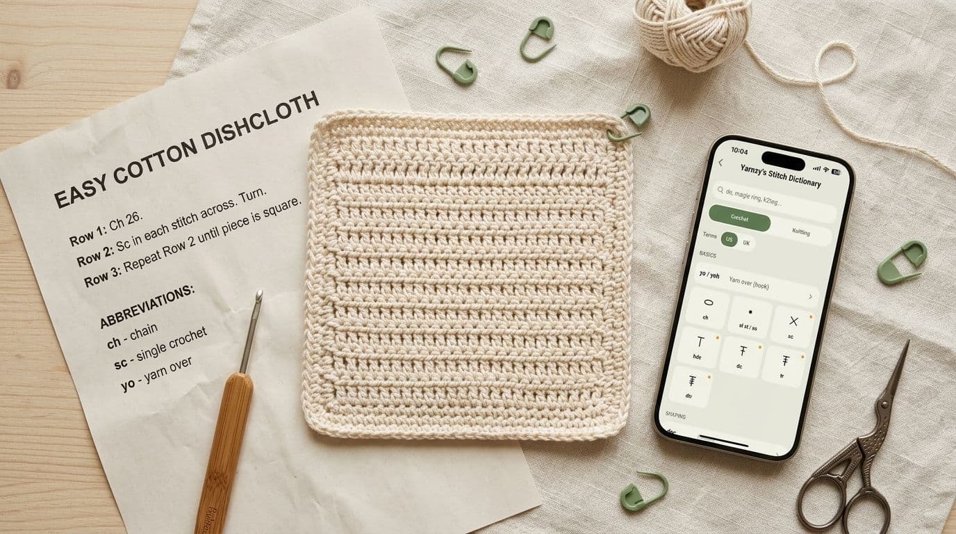 Lifestyle flat-lay showing finished crochet dishcloth, printed pattern, Yarnzy Stitch Dictionary on a smartphone, and yarn in Yarnzy's cream and sage green colors