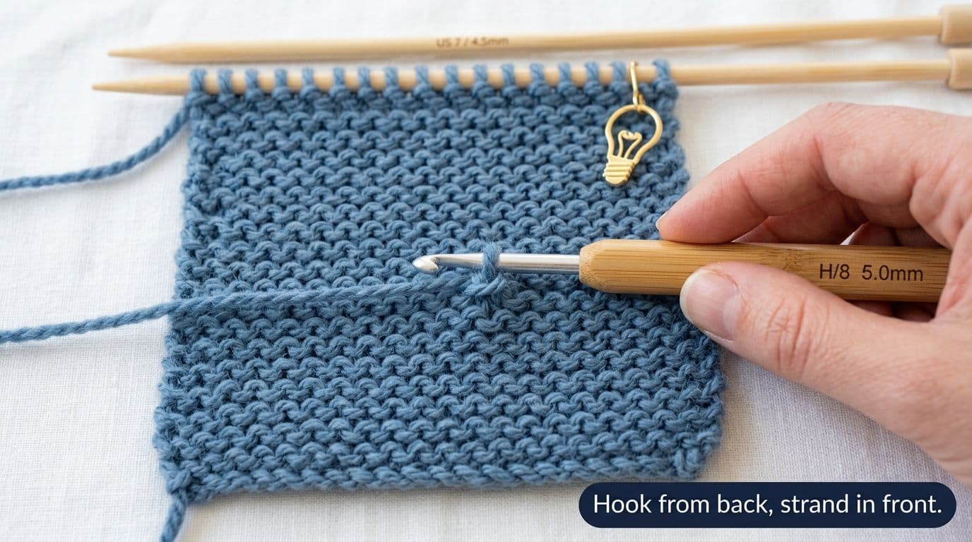 Bamboo crochet hook inserted back to front through a dropped purl stitch with the loose strand in front of a dusty blue knitting swatch on white background