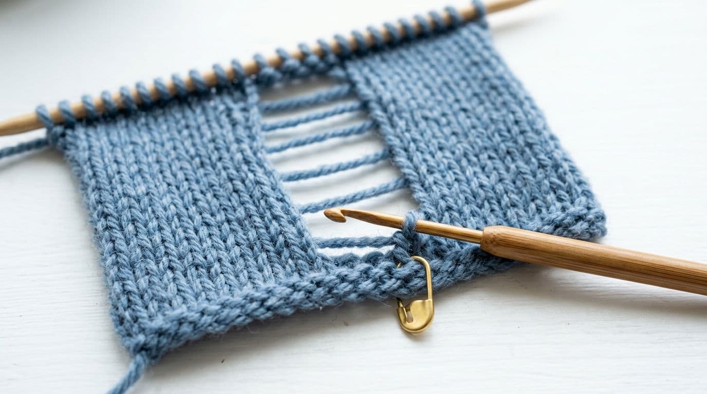 Dusty blue knitting swatch showing a four-row ladder run with a bamboo crochet hook at the bottom and a gold stitch marker securing the dropped stitch loop
