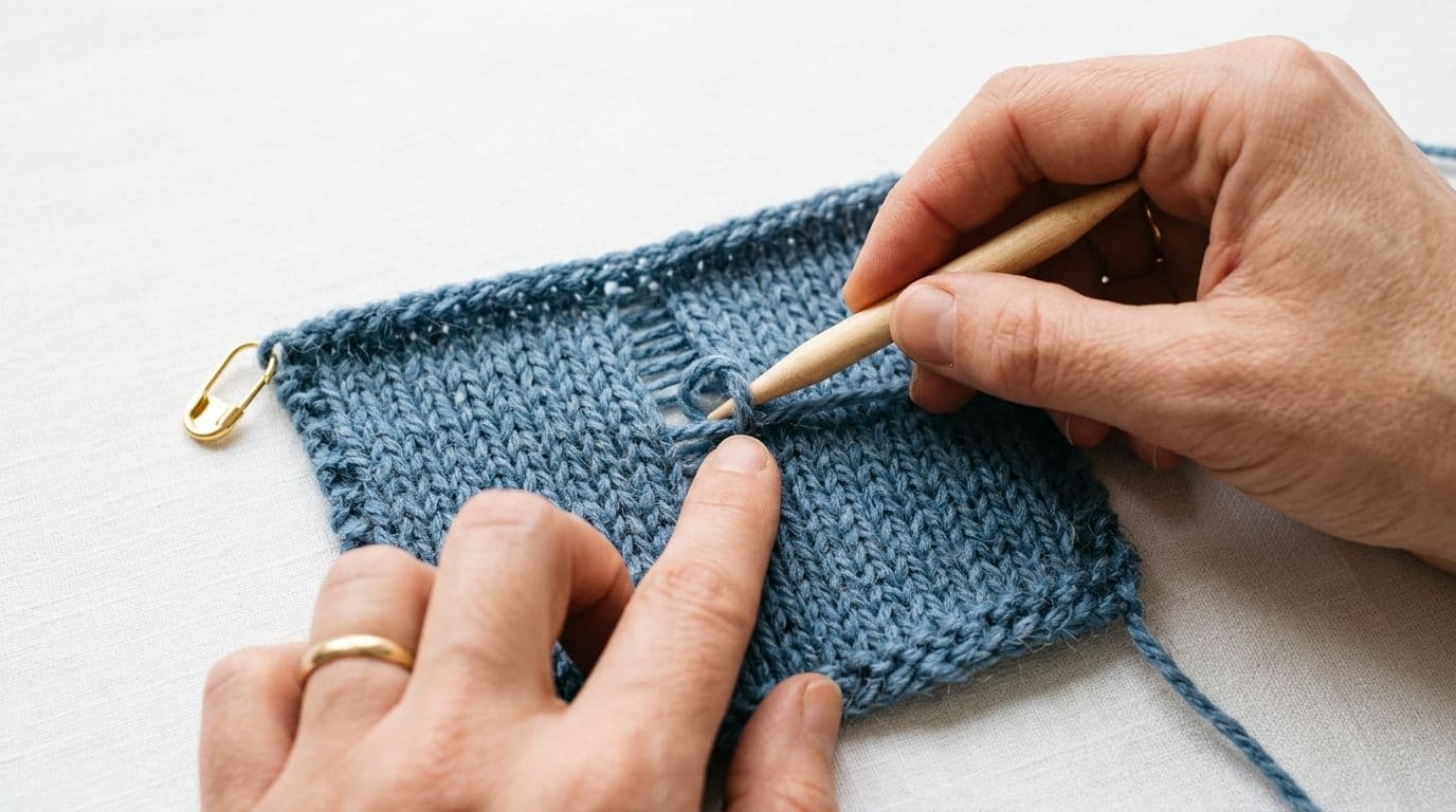 Hands using a spare wooden knitting needle and index finger to fix a dropped stitch without a crochet hook in a dusty blue knitting swatch on white background