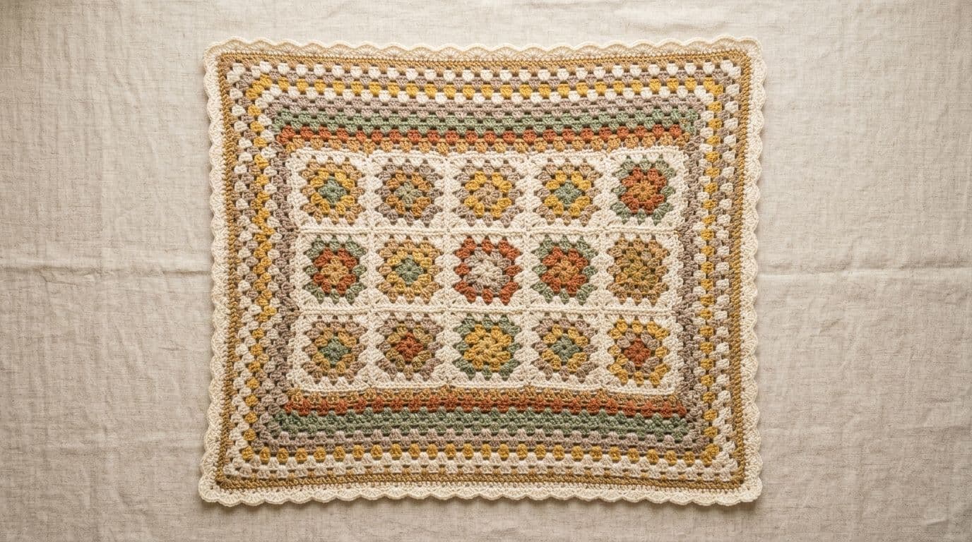 A finished crochet blanket lying completely flat with straight edges, showing the result of good tension and hook size from the start