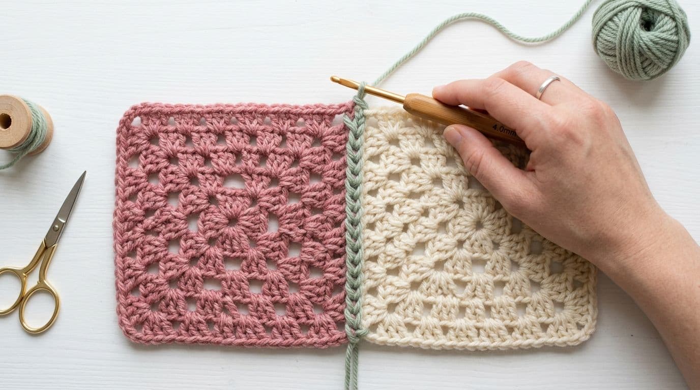 Two granny squares laid right sides up on a white surface being joined with a flat slip stitch seam, showing the neat braid-like seam line between them.
