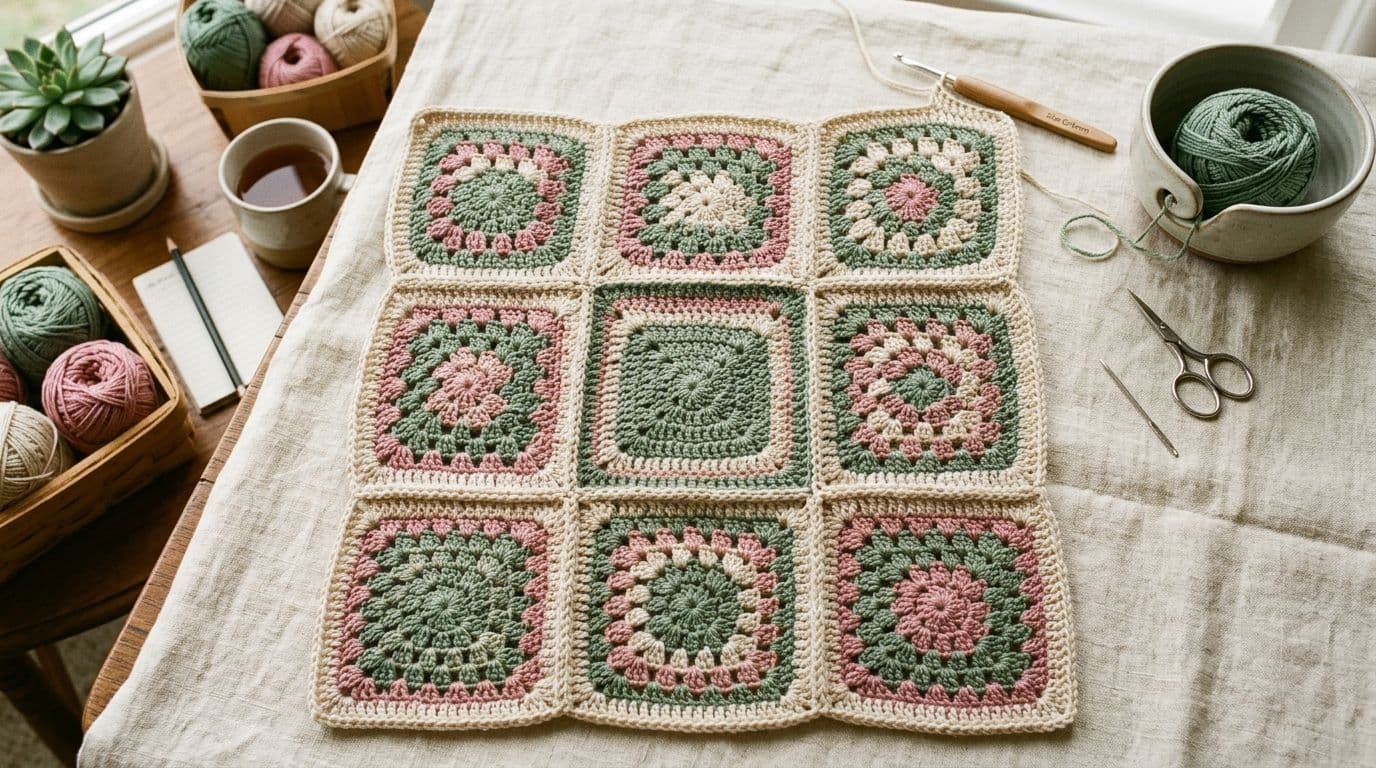 Finished granny square blanket with coordinated color scheme in sage green, dusty pink, and cream, laid on neutral linen background showing color harmony.