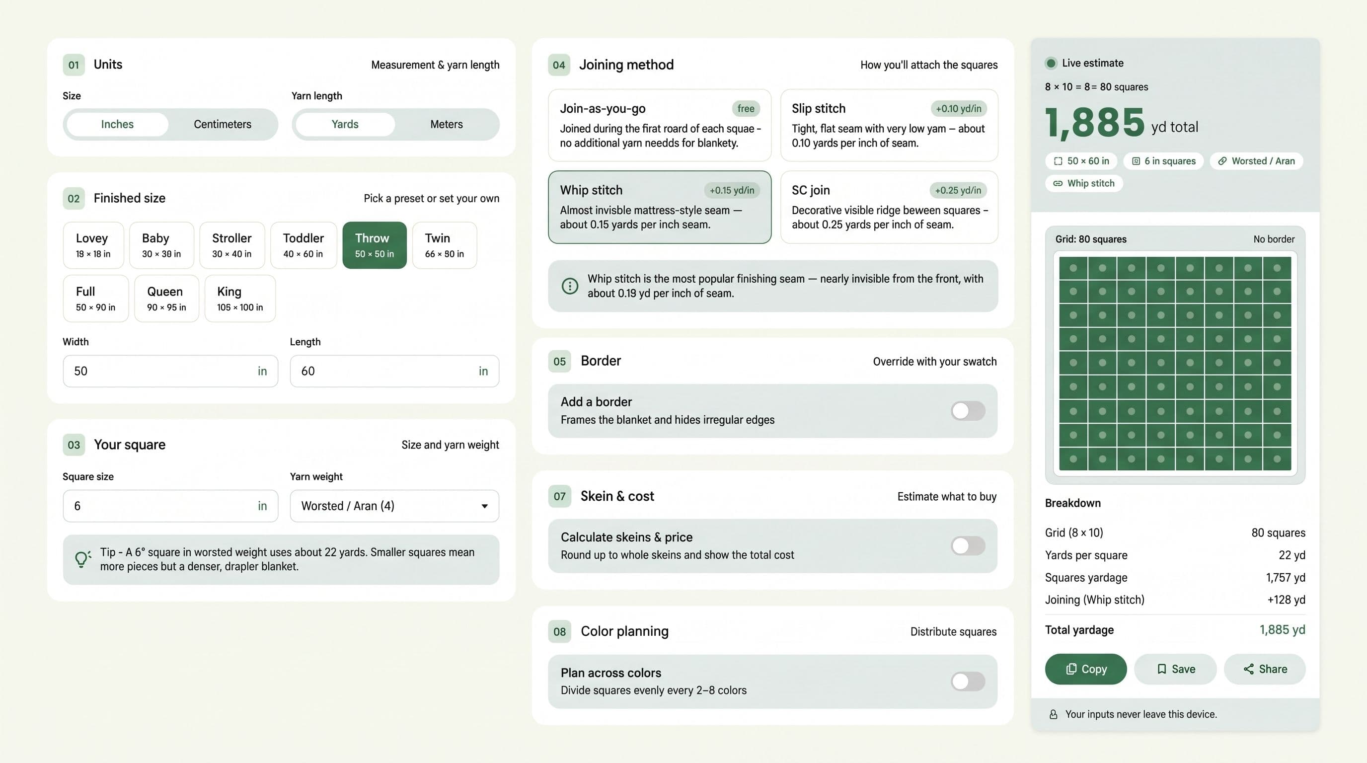 Granny square generator interface: visual planning grid showing blanket layout with color-distributed squares and yardage breakdown calculator for project planning