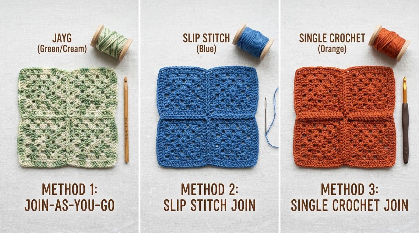 Granny square joining methods comparison: join-as-you-go, slip stitch, and single crochet joins showing seam differences and yarn quantity variations for blanket planning
