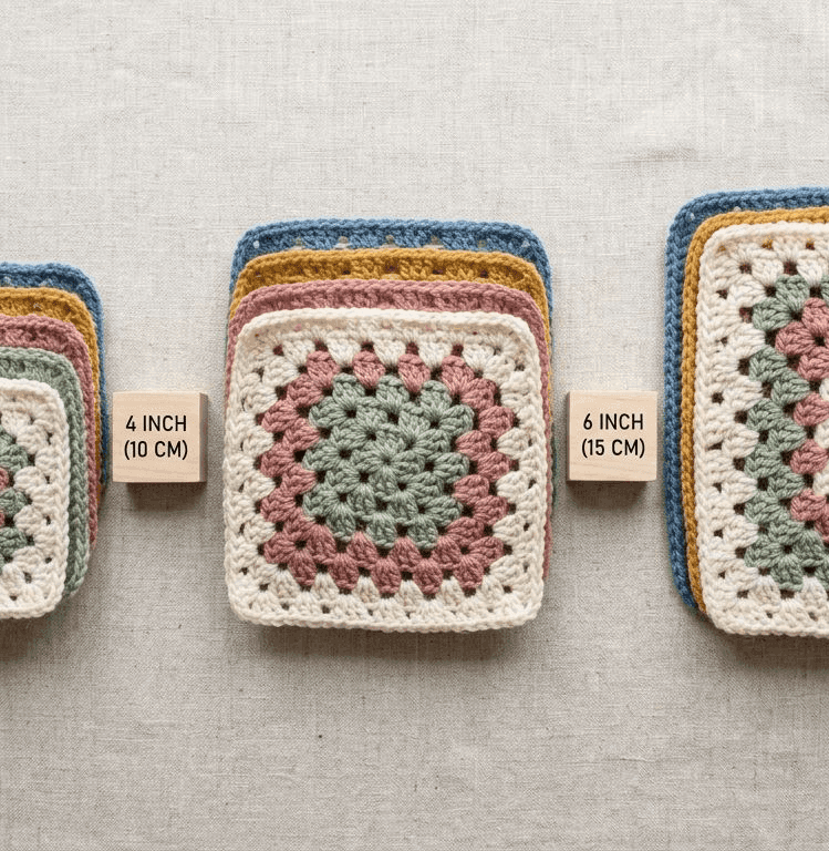 Granny square size comparison: 4-inch, 6-inch, and 8-inch finished squares side-by-side with rulers showing scale and blanket coverage differences