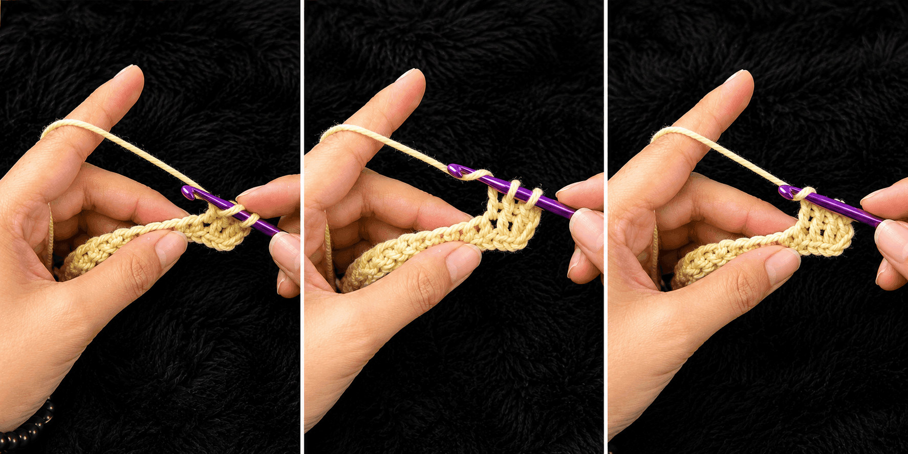 Three-panel demonstration showing the proper hand positioning and technique for creating a half double crochet stitch with a purple crochet hook and cream yarn.