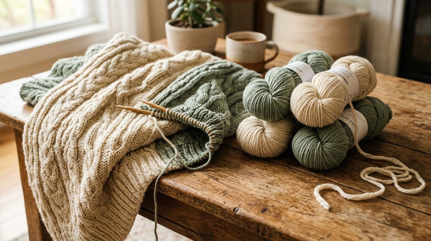 A partially knitted throw blanket with multiple worsted yarn skeins on a wooden surface, illustrating how much yarn is needed for a blanket project