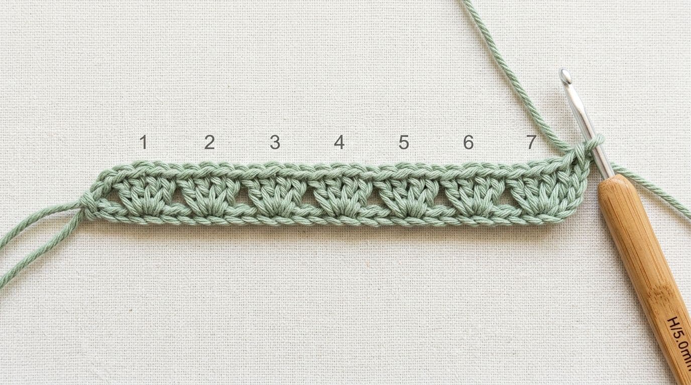 Overhead view of foundation chain laid flat with numbered markers showing how to count completed chains by their V shapes, excluding the working loop.