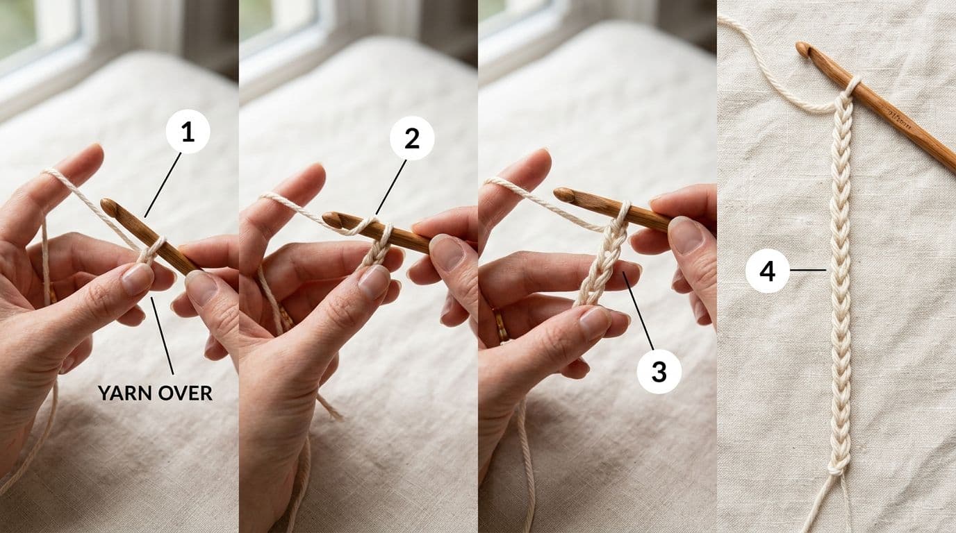 Four-step foundation chain tutorial in 2x2 composite showing starting position, yarn over motion, working first chains, and completed chain base with visible V stitches.