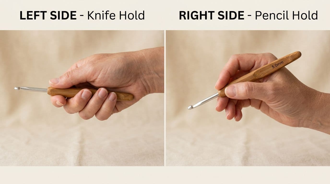 Side-by-side comparison of two hook grip styles: knife hold on the left with hand wrapped over hook handle, pencil hold on the right with hook resting between thumb and index finger.