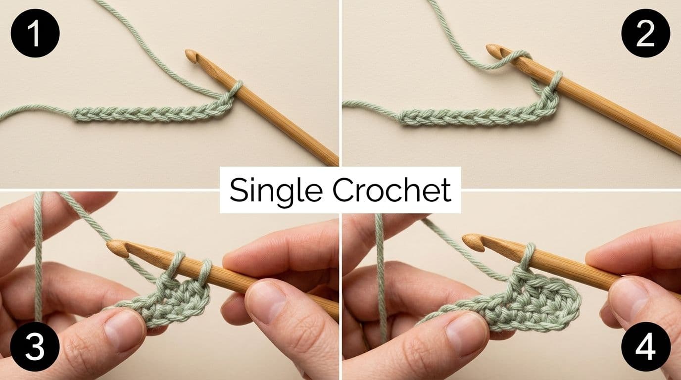 Four-step single crochet tutorial in 2x2 composite showing hook insertion, yarn over, loops on hook, and completed stitch ready for next repeat.