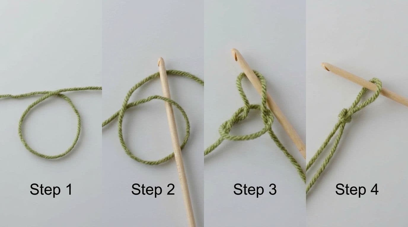 Four-step slip knot tutorial in single composite image: loop formation, hook drawing yarn through, pulling to create second loop, and tightening completed knot on hook.