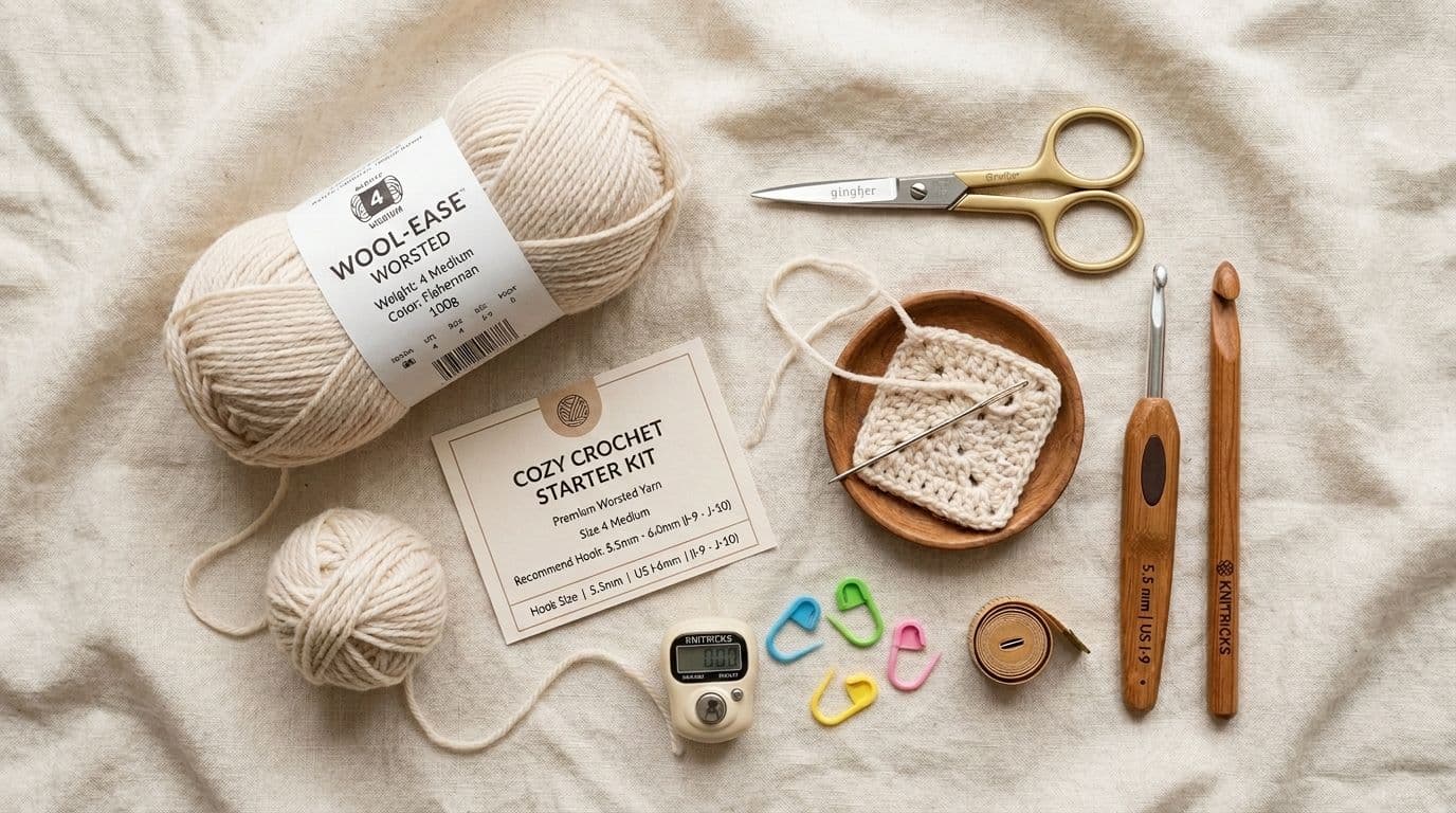 Beginner crochet supplies arranged on cream background including light yarn, 5.5mm hook, scissors, tapestry needle, and yarn label showing recommended hook size.
