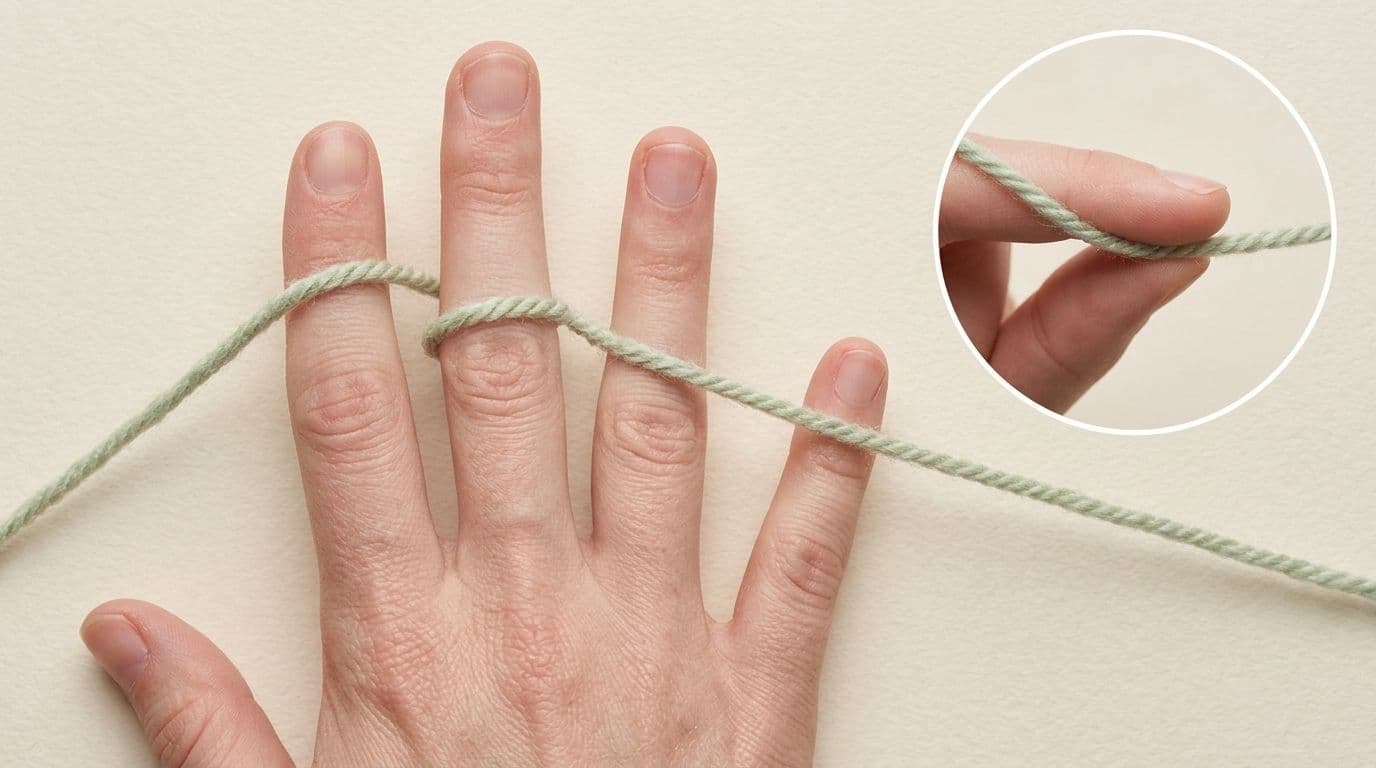 Close-up overhead view of proper yarn tension hand position showing yarn draped over index finger, woven under middle, over ring finger, with pinky providing light resistance.