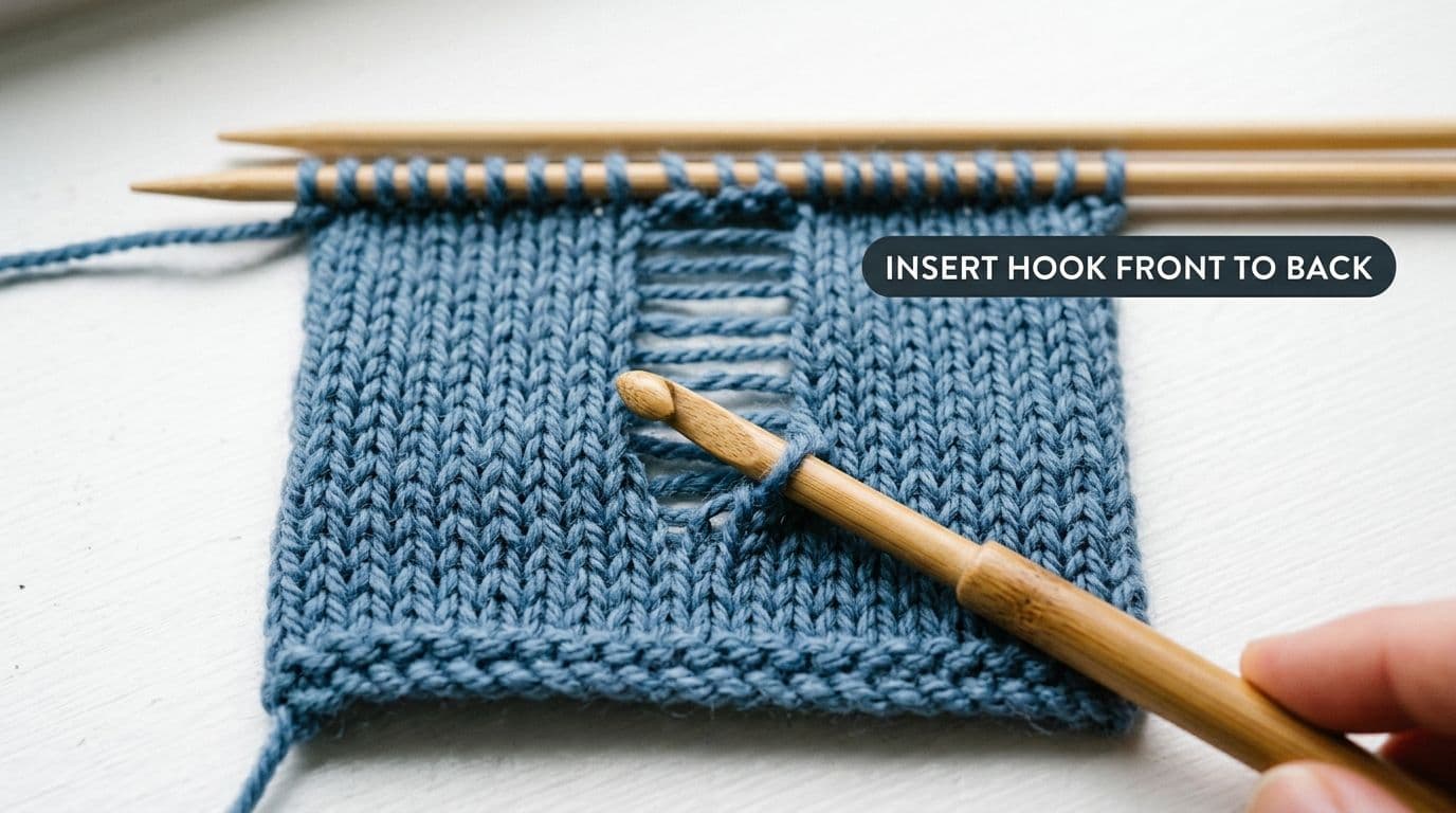 Bamboo crochet hook inserted front to back through a dropped knit stitch loop in a dusty blue stockinette swatch with ladder strands visible behind it