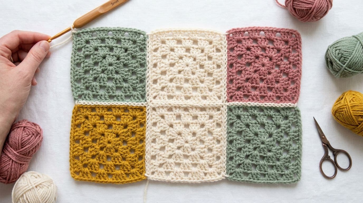 A partially completed granny square blanket laid flat on a white surface showing the join-as-you-go method with six colorful squares being connected as they are made.