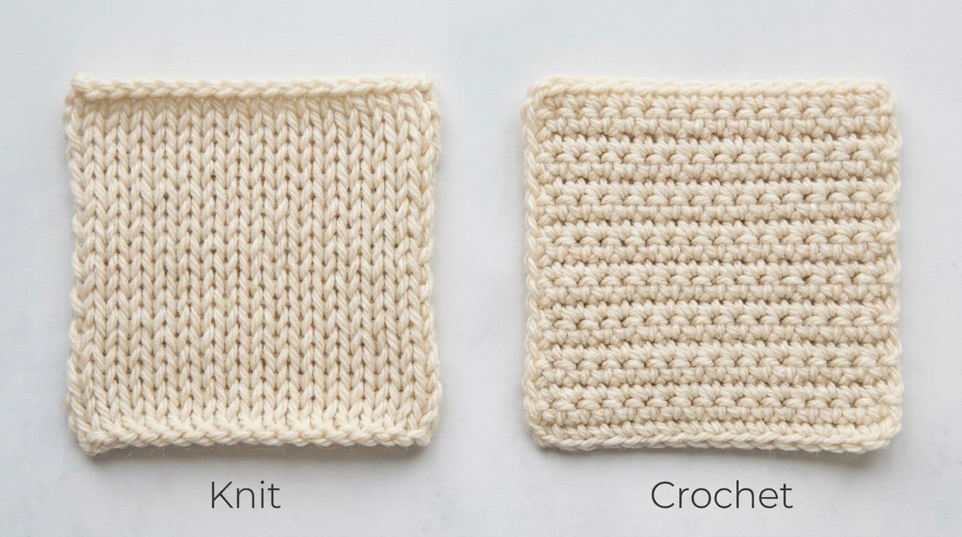 Side-by-side comparison of a knit swatch and crochet swatch in cream yarn on white background showing stitch density difference explaining why crochet uses more yarn