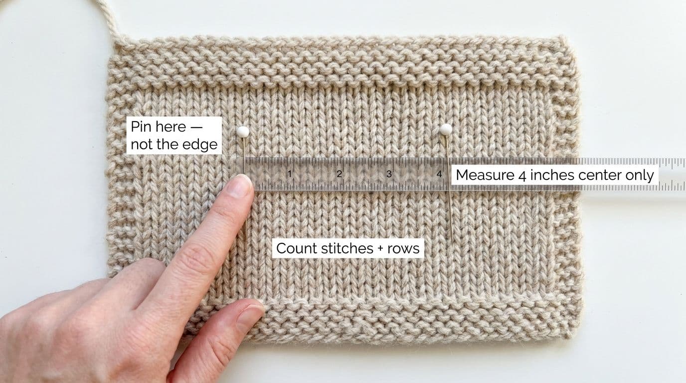 Knitted gauge swatch pinned at center with ruler measuring 4-inch section, showing correct technique to count stitches away from loose edges for accurate knitting gauge