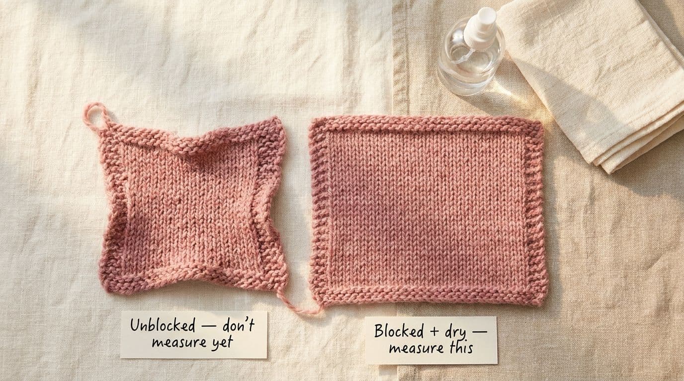 Side-by-side knitting gauge swatches showing unblocked versus blocked wool swatch with spray bottle, demonstrating why blocking before measuring prevents gauge inaccuracy