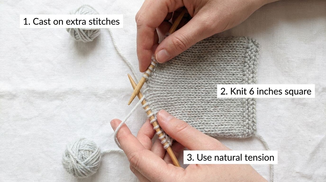 Hands knitting a gauge swatch in stockinette stitch with labeled steps showing cast on, knitting square, and natural tension for accurate gauge measurement