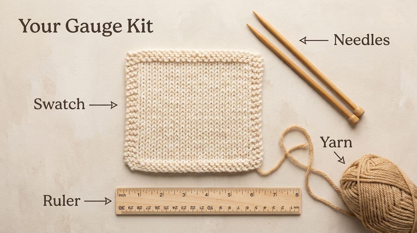 Knitting gauge swatch tools laid flat: stockinette swatch, knitting needles, worsted yarn ball, and gauge ruler on white background, 120 characters