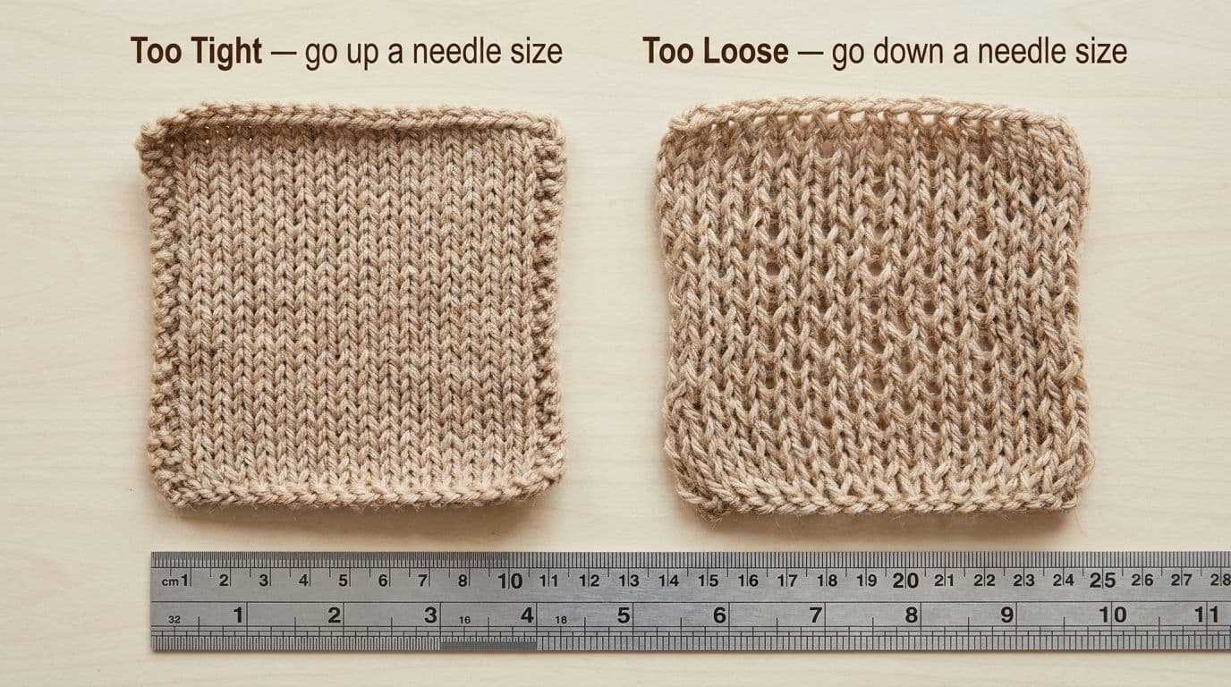 Side-by-side comparison of two knitting gauge swatches showing too tight versus too loose stitch density with needle size adjustment labels for troubleshooting knitting gauge