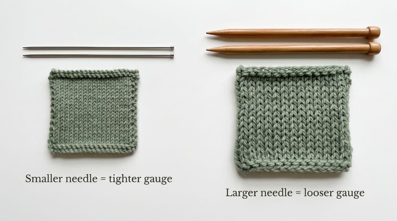Comparison of small versus large knitting needles with corresponding fabric samples showing how needle size directly controls knitting gauge tightness and looseness