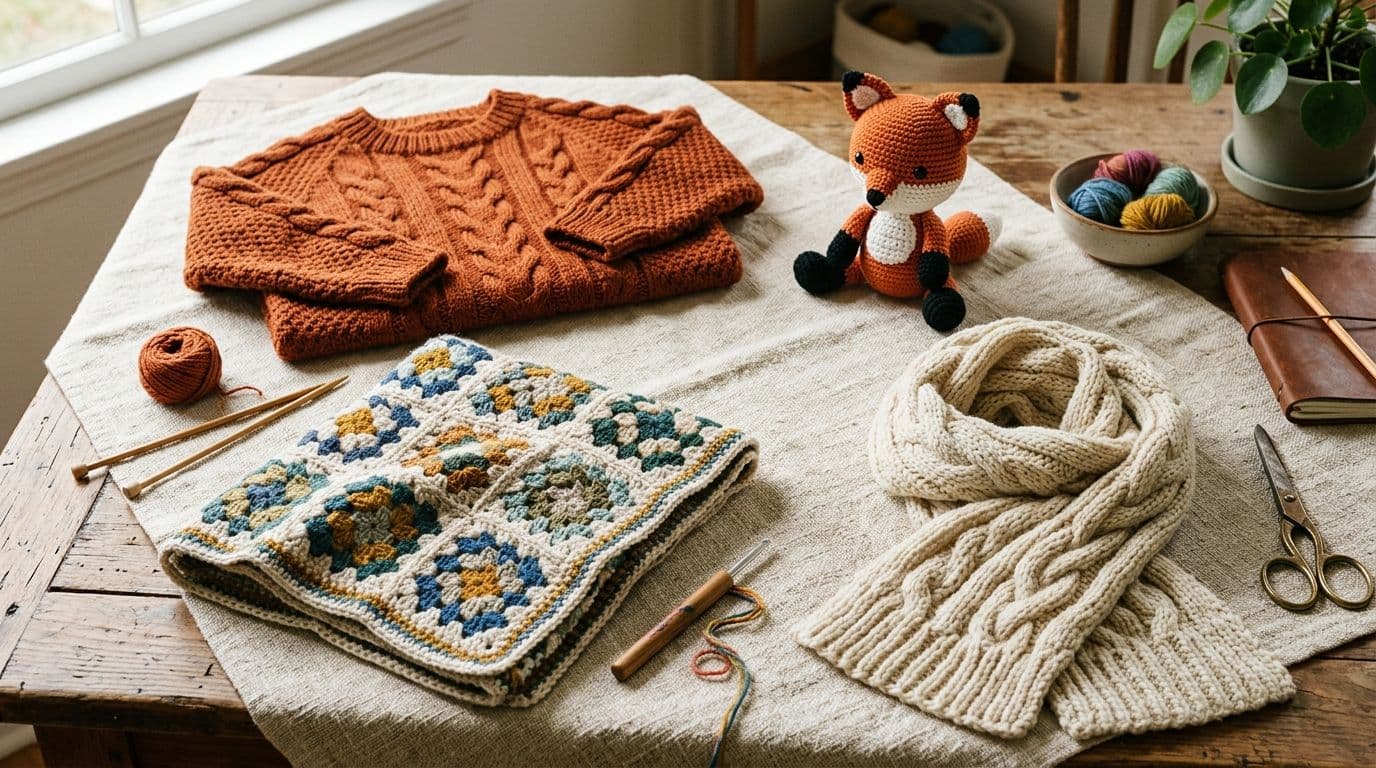 Knitting vs crochet projects including a sweater, granny square blanket, scarf, and crochet amigurumi toy.