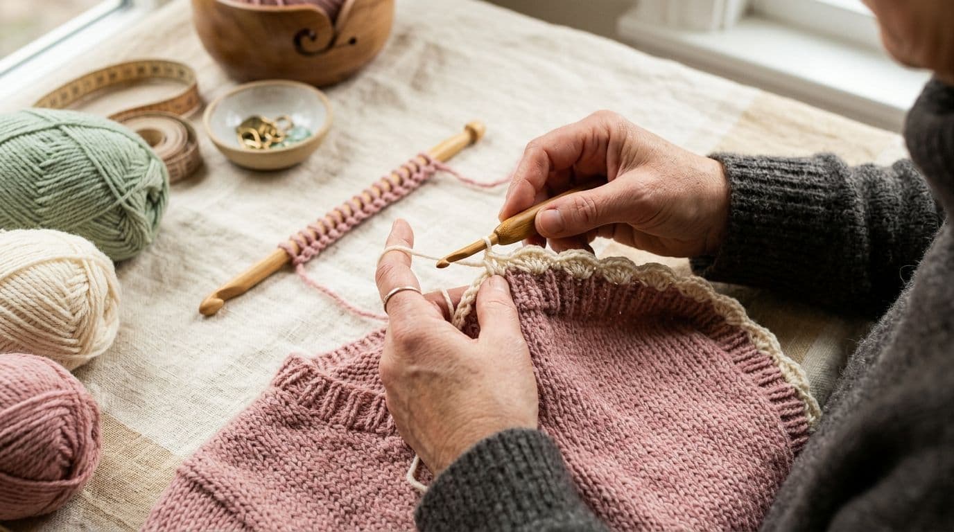 Knitting vs crochet techniques combined with a crochet hook adding an edging to a knitted fabric panel.